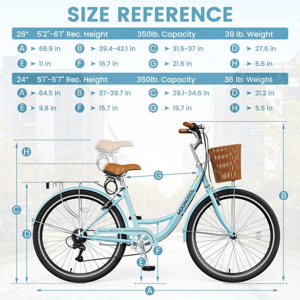 MOONCOOL Beach Cruiser Bike, 24 inch Commuter Bicycle with Rear Rack or Basket - Image 2 of 4