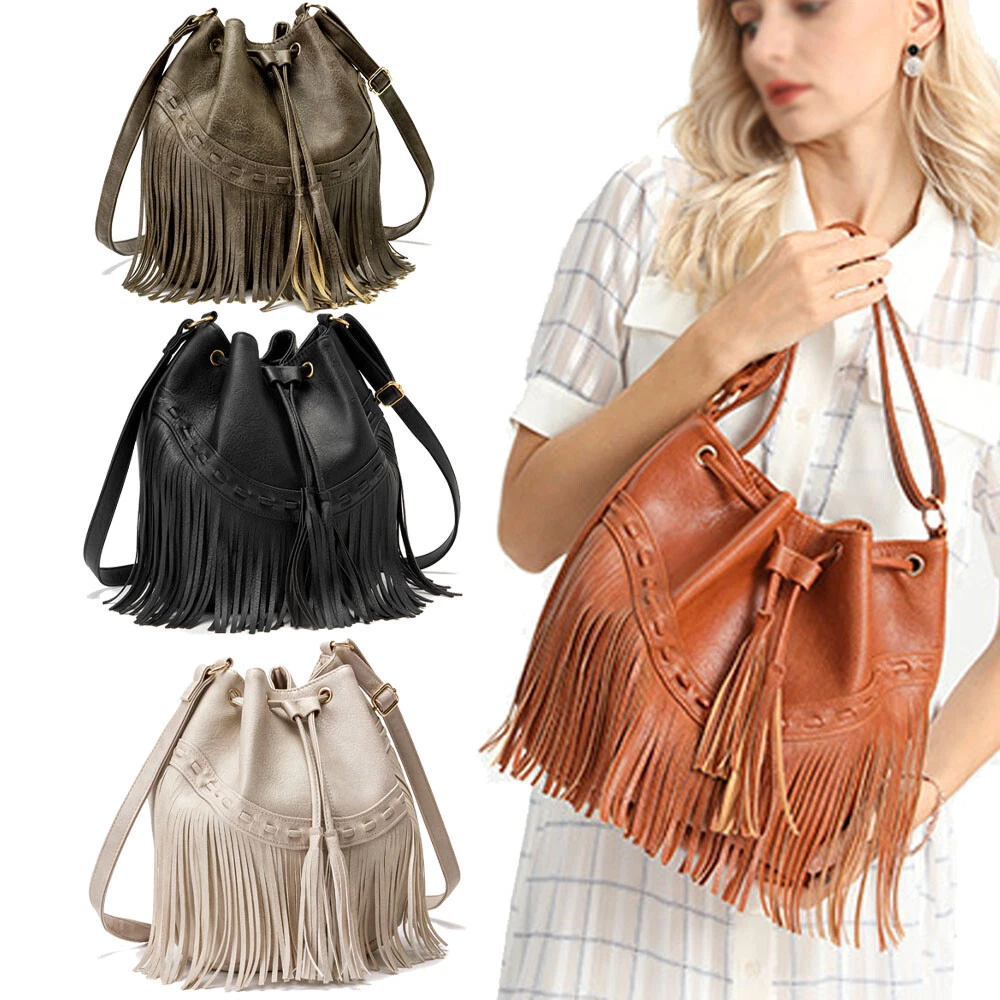 Grey Leather Vintage Fringe Bag Tassels Crossbody Bucket Bags