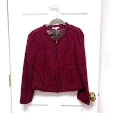 Cabi Blazer Cropped Boucl  Jacket, Burgundy Jacket, Fringe Trim, Women's Size 4