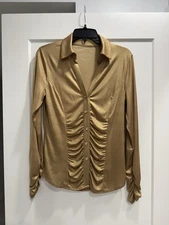 I.N.C. Gold Ruched Button-Up Blouse. Size M. Crystal buttons