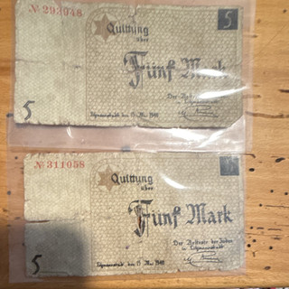 Litzmannstadt Ghetto 5 Mark 1940 WWII Germany Militaria Original Paper Money