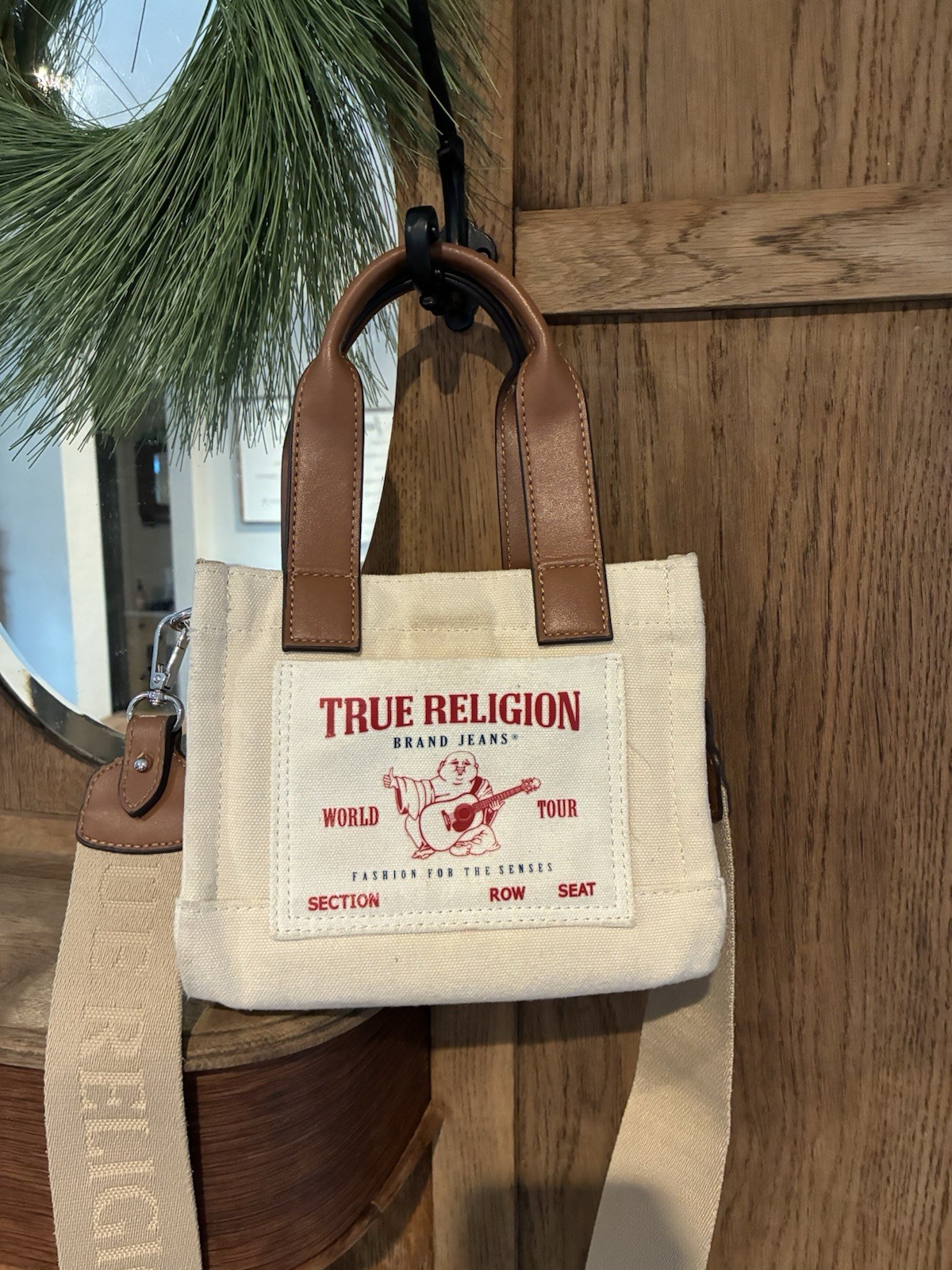 True Religion Logo Patch Shoulder Bag Beige Brown Detachable Strap Women