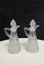 VINTAGE - CUT GLASS OIL VINEGAR CRUETS - MATCHING SET OF 2 - W/ STOPPERS - USED