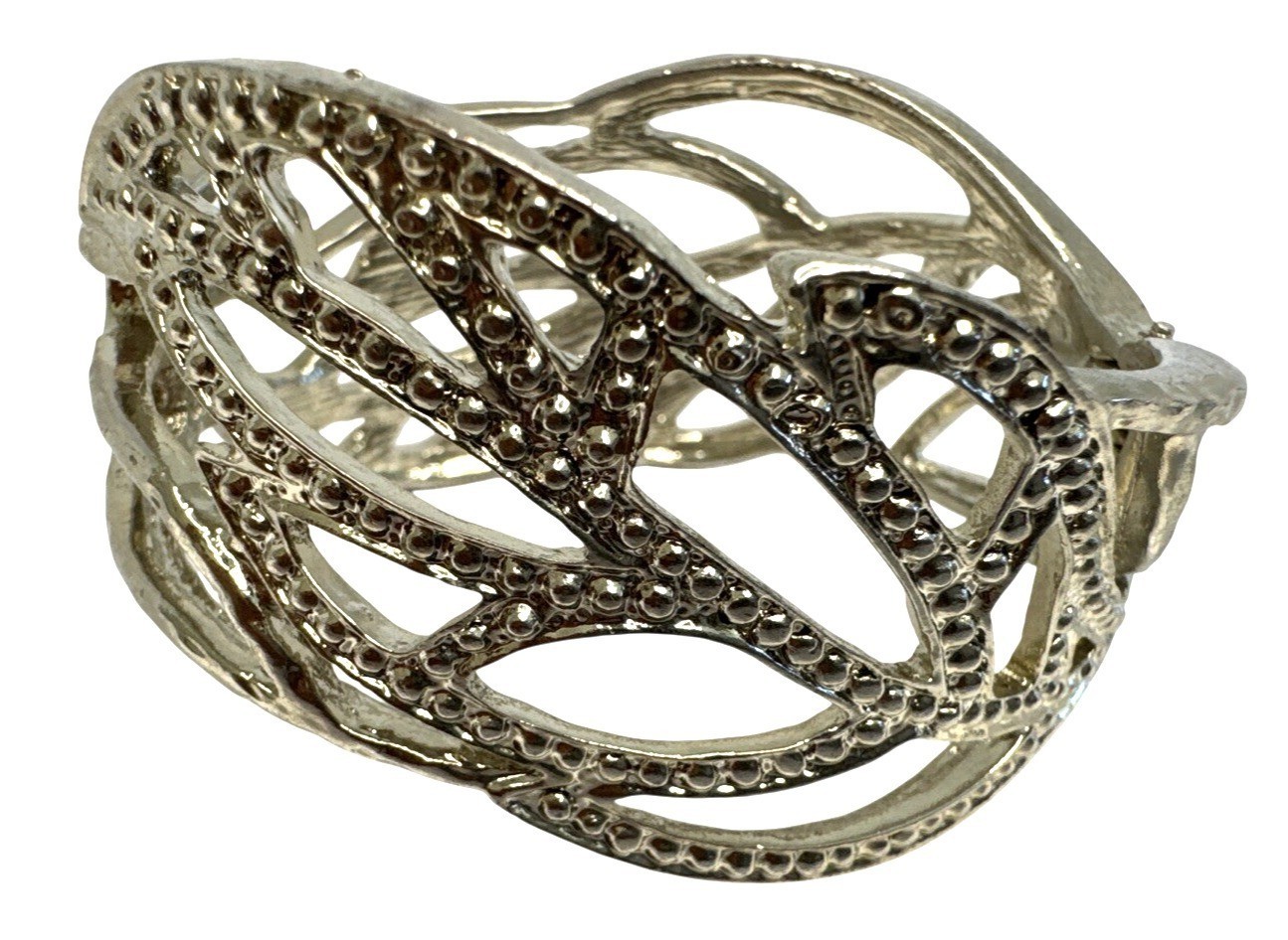 Silvertone Rhinestone Leaf Design Hinged Bracelet… - image 4