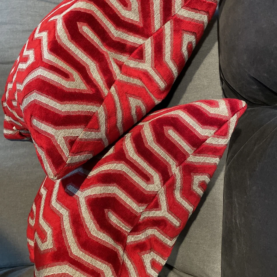 Urban Standard Set of 2 Pillows 23in Square Red Geometric Velveteen Down Inserts - Image 4 of 4