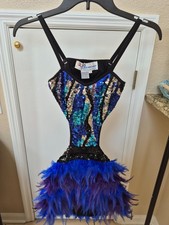 Black blue Glamour Brand dance costume with sequins feathers.