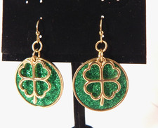 Four Leaf Clover Earrings Hypo Allergenic St. Patrick's Day Green Sparkle Gold