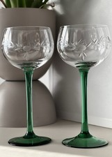 2 Art Nouveau Roman Green Stemmed Wine Glasses, Circa 1910, Hand Cut