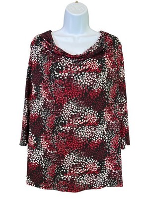 George Cowl Neck Blouse L Red Black Confetti Print Stretch Office Chic Boho