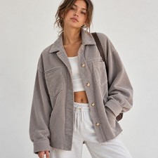 Urban Daizy Women’s Gray Corduroy Button-Front Collared Pocket Shacket S