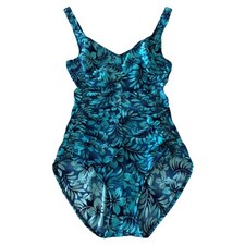 Vtg Maxine of Hollywood Sz 12 Blue Floral One Piece Swimsuit Ruched Tropical 90s