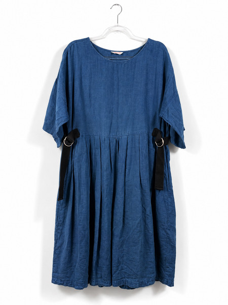 Gorman 100% Linen Blue Midi Smock Dress Size M Pleated Adjustable D Ring
