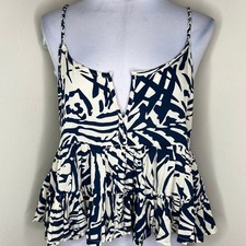 Patrons of Peace Babydoll Cami Large Tank Top Abstract Palm Peplum Blue Cream