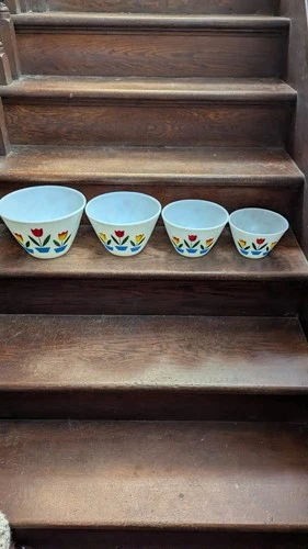Vintage 1940's Fire King Milk Glass Tulip Designs 4 Piece Nesting Mixing Bowls