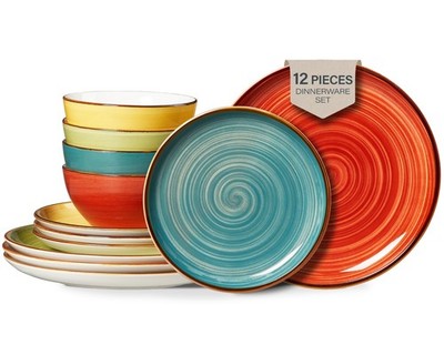 Plates and Bowls Set 12 Pcs,Stoneware Dinnerware Sets for 4 Microwavable,Oven...