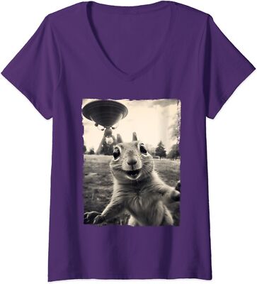 Squirrel Selfie with UFOs Squirrel Mom Funny Lover Ladies' V-Neck Tshirt