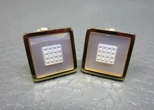 Contemporary Square Grid Mother of Pearl Yellow Gold Plated Cuff Links