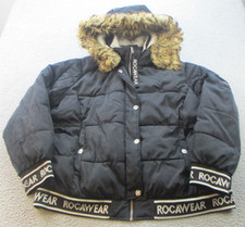 Rocawear Jacket Women's 2xl Black Spell Out Fur Hooded Puffer Bomber Y2k Hip Hop