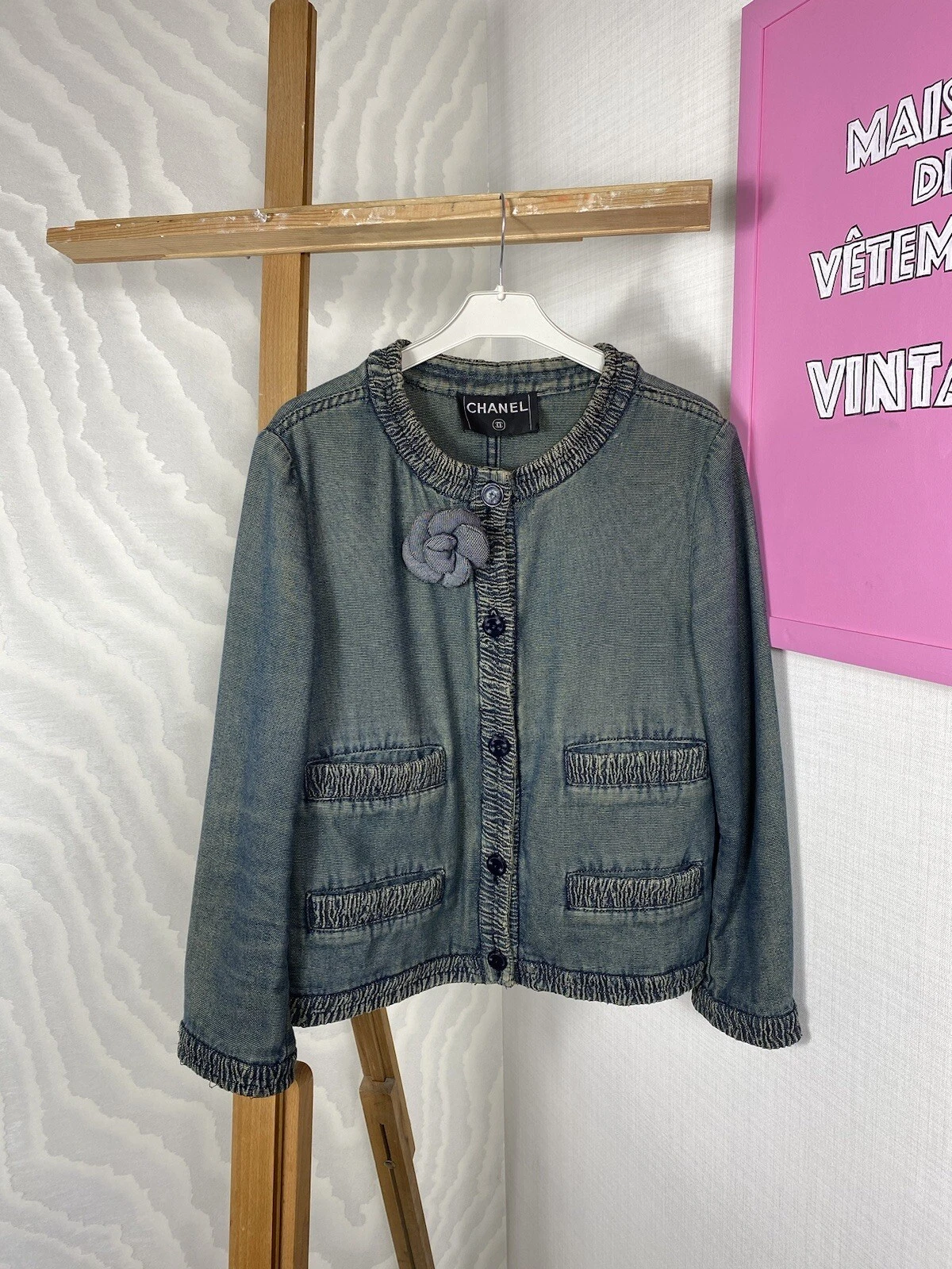 Rara giacca blazer tuta denim vintage Chanel 2001 + minigonna set quattro tasche