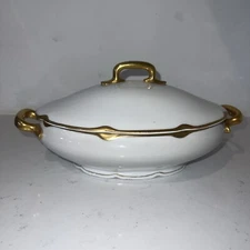 Vintage Carlsbad Austria Porcelain Round Dish Bowl w Lid Gold Trim