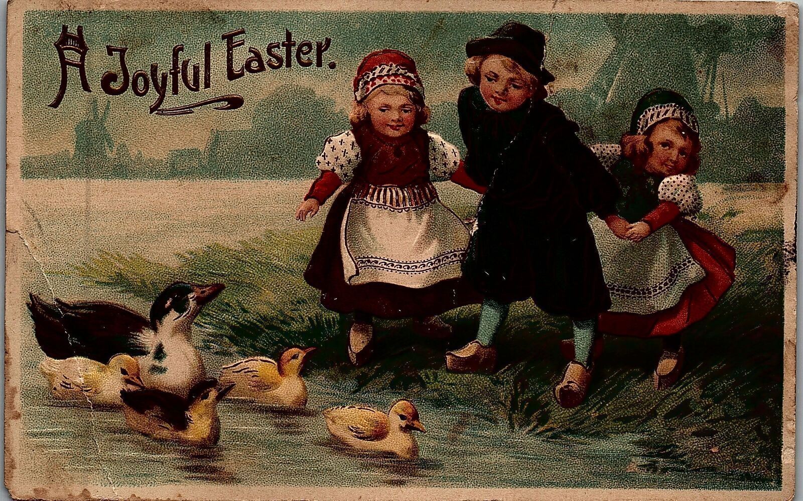 1911 Joyful Easter Dutch Children Ducks Windmills Embossed Postcard 25-40