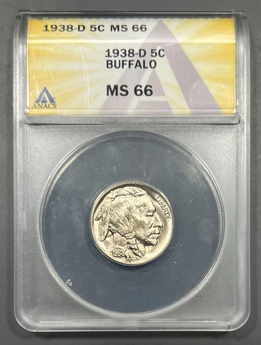 1938-D ANACS MS66 Buffalo Nickel 5c - Lustrous Strong Strike