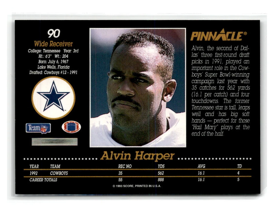 1993-Pinnacle-#90-Alvin Harper-Dallas Cowboys - Image 2 of 2