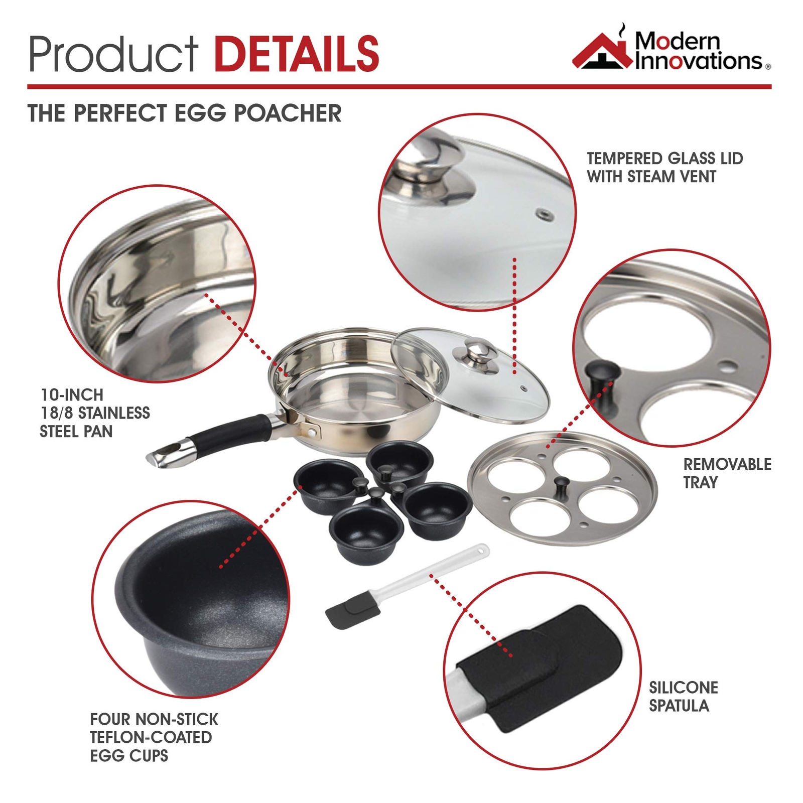 Modern Innovations Egg Poacher Pan for Perfect Poached 4 Cups, Silver