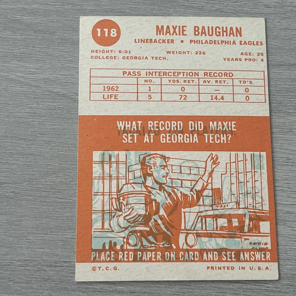 MAXIE BAUGHAN 1963 TOPPS SIGNED AUTOGRAPHED CARD #118 PHILADELPHIA EAGLES - Image 2 of 2