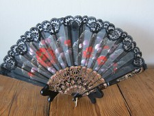 Chinese Fan with Black Lace, Floral Motif, Plastic Frame