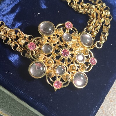 Vintage Marbella Barrera For Avon Pink Purple Cabochons Gold Statement  Necklace