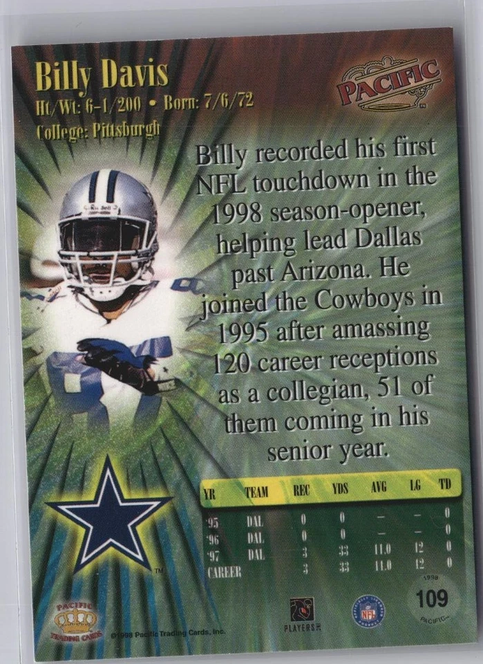 1998 Pacific Football Card #109 Billy Davis - Image 2 of 2