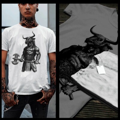 Barbarian T-shirt Viking Warrior with Axe Norse Nordic Odin Savage XL White tee