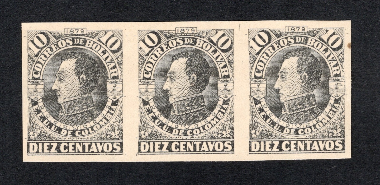 Colombia Bolivar 1879 strip of stamps 10 Ctvs PROOFS RRR MH