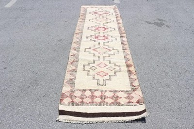 2,8x10 ft Runner Vintage Turkish Rug, White Check Wool Rug