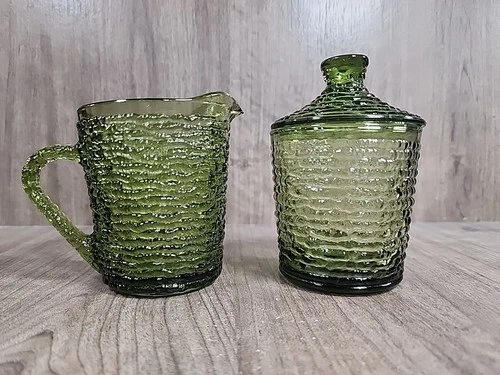 Vintage Anchor Hocking Soreno Avocado Green Cream and Lidded Sugar