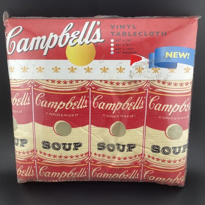 #ad Cambell#x27;s Soup Brand Vinyl Tablecloth Andy Warhol New RARE Round HTF 70” $37.99
