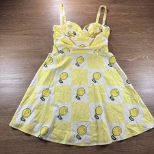 Cider Women’s Lemon Print Mini Dress Yellow Gingham Fit & Flare Size M