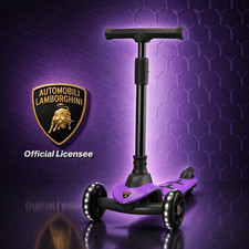 Lamborghini Kids 3 Wheel Kick Scooter Foldable Adjustable LED Lights 3+ Purple