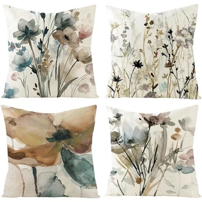 Dekokissenbezug 45x45 4er Set Leinen Blumen Muster Frühling Wohnzimmer - Bild 1 von 4