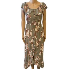 Band of Gypsies Floral Olive Green Maxi Dress Hi-Low Ruffle Cottagecore Sz M