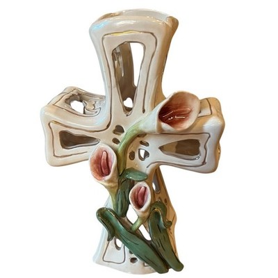 Heather Goldminc tea light Holder cross with calla lilies Blue Sky Corp 7 