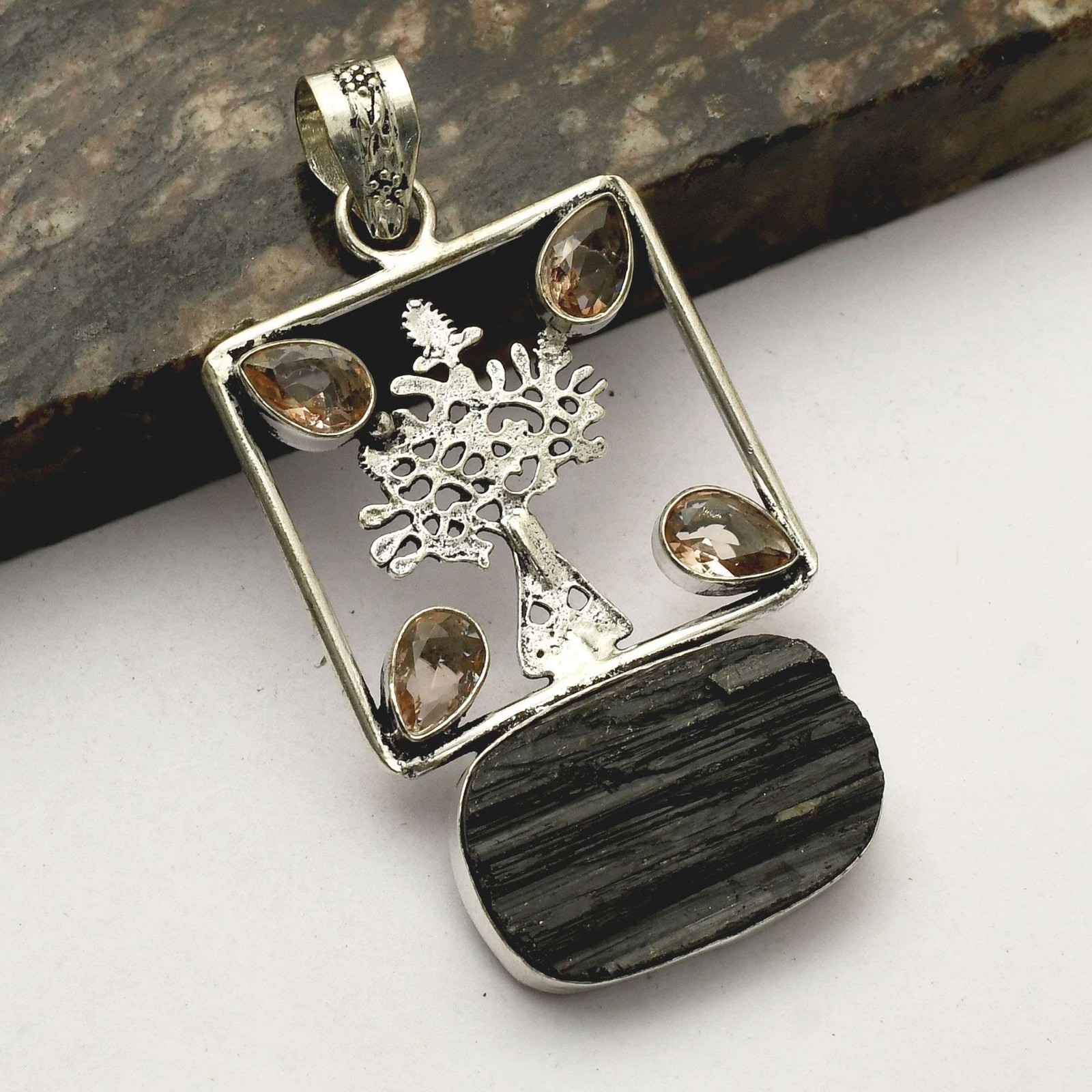 Black Tourmaline Morganite Handmade Gemstone Pendant Necklace Gift 2.72 Inches AP-31251