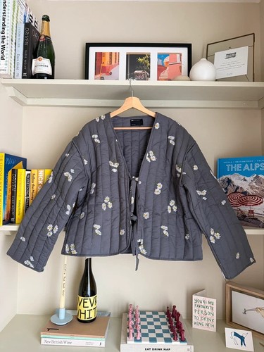 ASOS Design Tie Front Quilted Embroidered Jacket Washed Grey Daisy Size M 12-14
