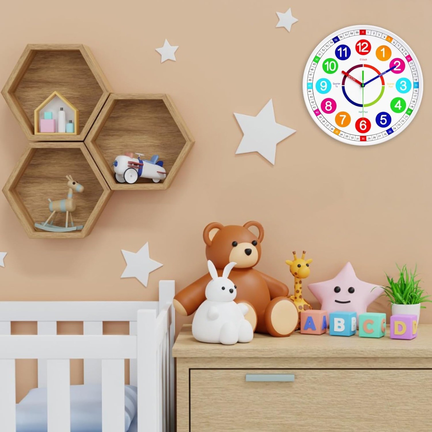 10'' Kids Wall Clock,Non-Ticking, Battery-Operated Time Teaching Clock for kids 
