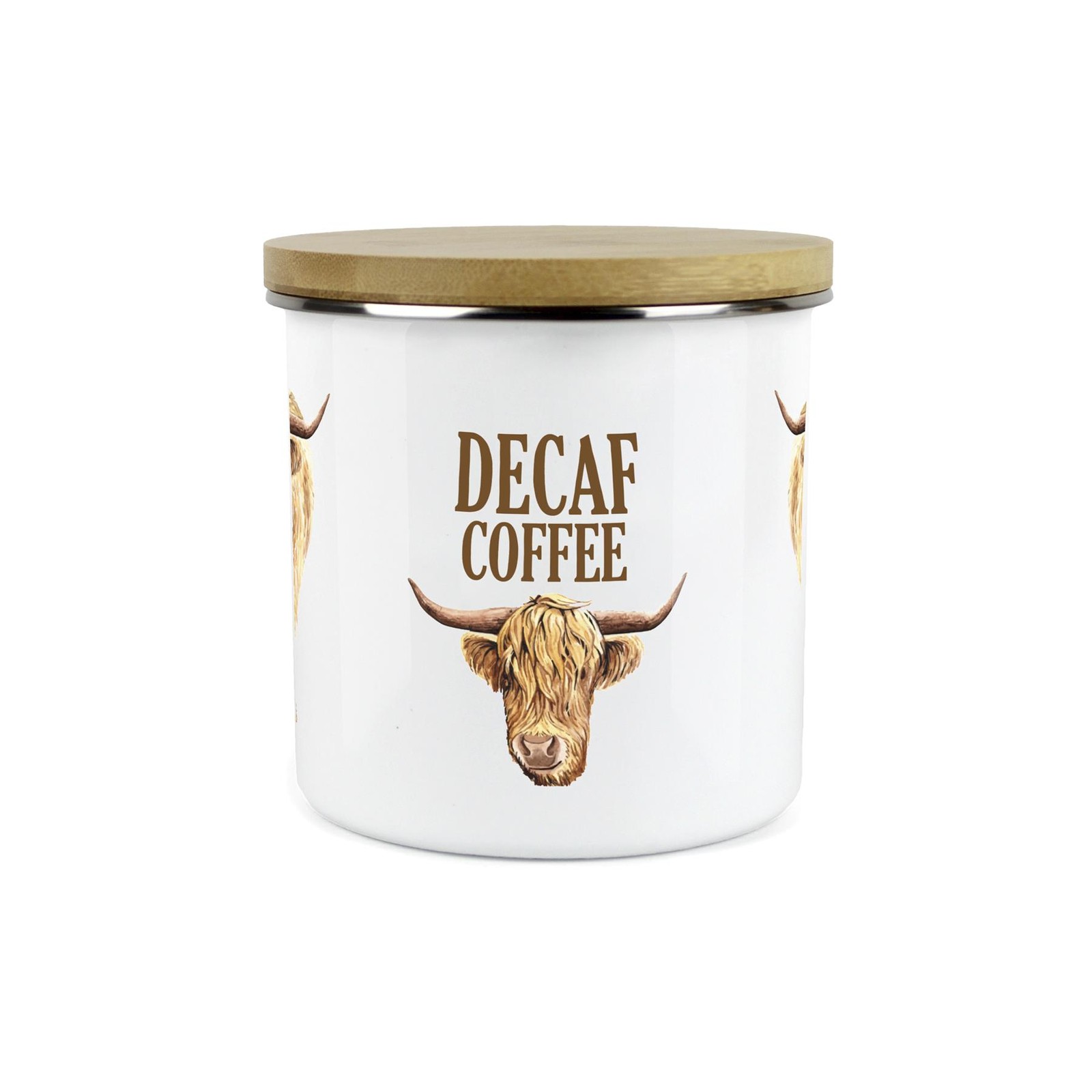 Decaf Coffee Highland Cow Storage Canister - Enamel & Bamboo Kitchen Storage Jar