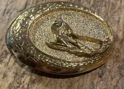 Vintage Oval Belt Buckle The Skier Gold Toned Raintree 1982 2.5 x 1.75 