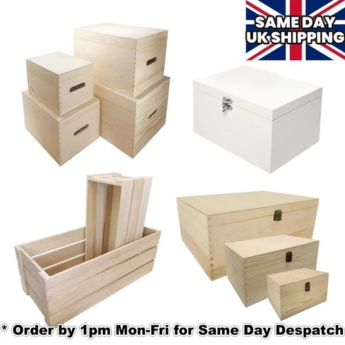 Plain Wooden Boxes - Toy Storage, Hamper Christmas Eve Hinged Boxes CHOOSE STYLE
