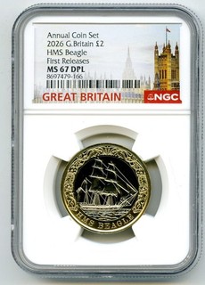 2026 2£ GREAT BRITAIN TWO POUND NGC MS67 DPL HMS BEAGLE FIRST RELEASES