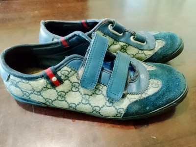 Authentic Gucci Men's Blue GG Monogram Canvas & Suede Sneakers Shoe